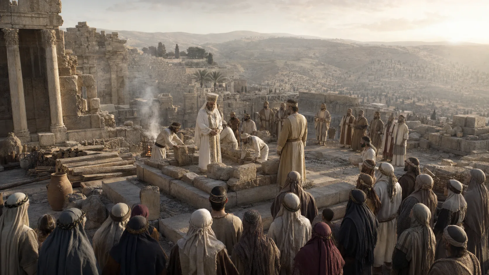 Biblical scene illustrating The Returning Exiles Rebuild the Altar in Jerusalem