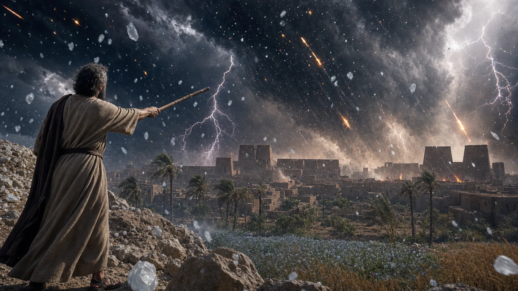 Biblical scene illustrating The Seventh Plague: Hail