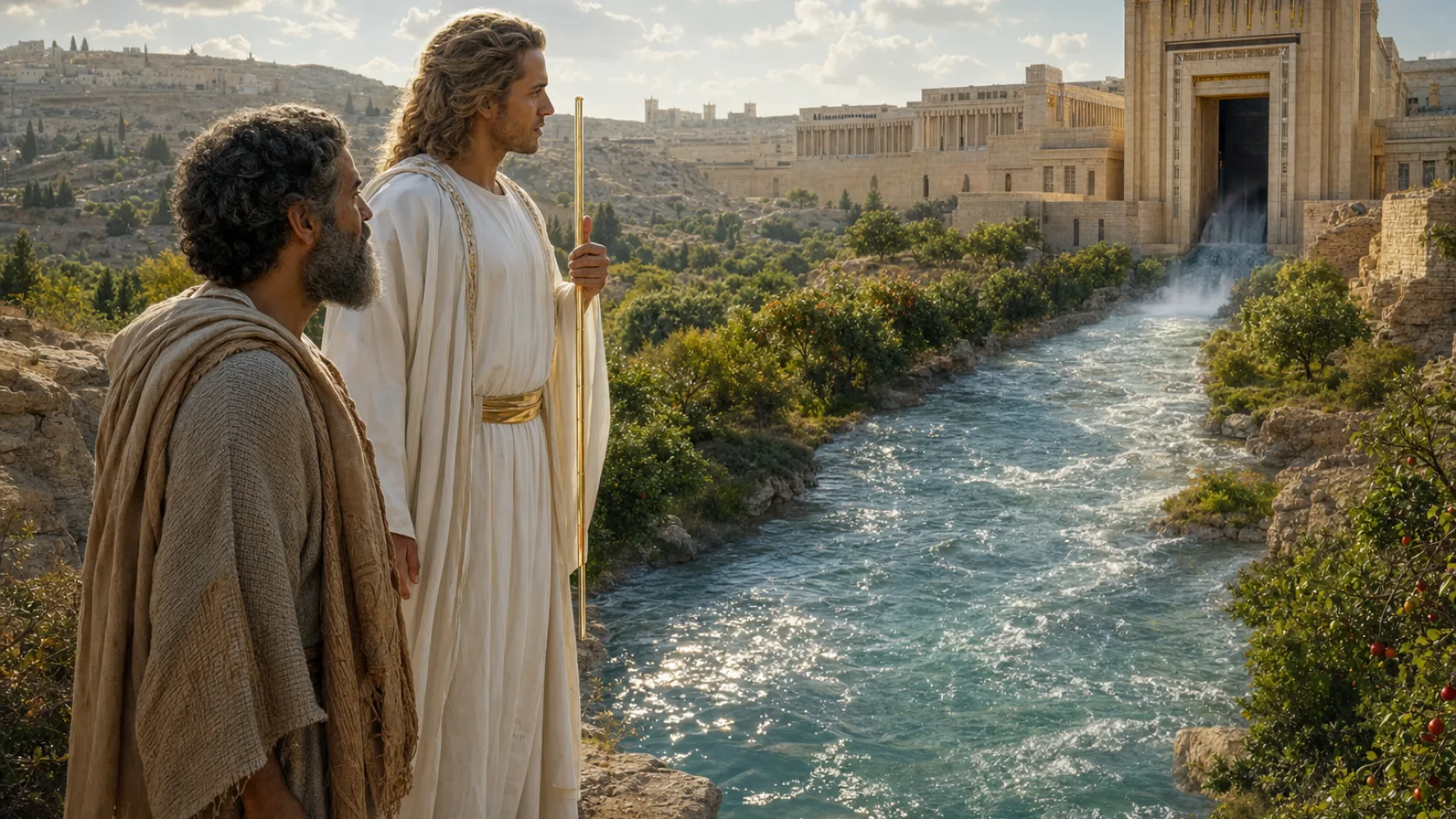 Biblical scene illustrating The Temple River Becomes Deep Enough to Swim In