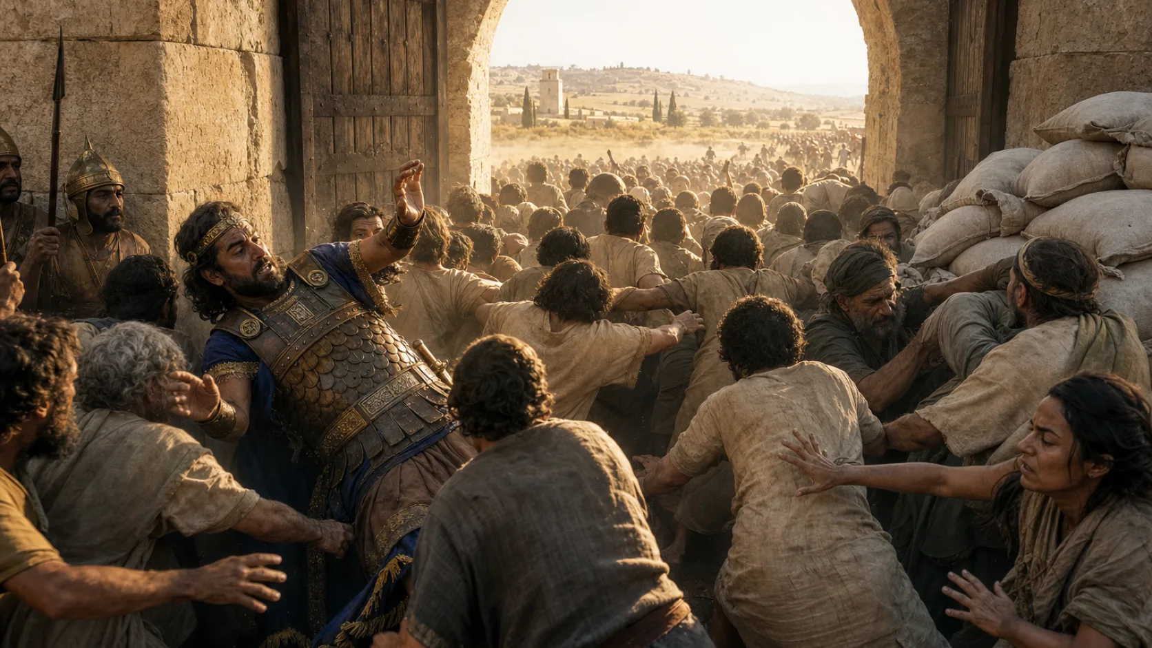 Biblical scene illustrating The Unbelieving Officer Is Trampled to Death