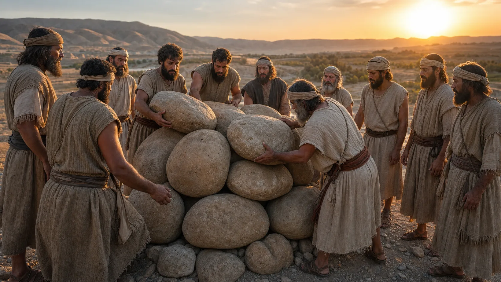Twelve Memorial Stones in a detailed biblical historical scene