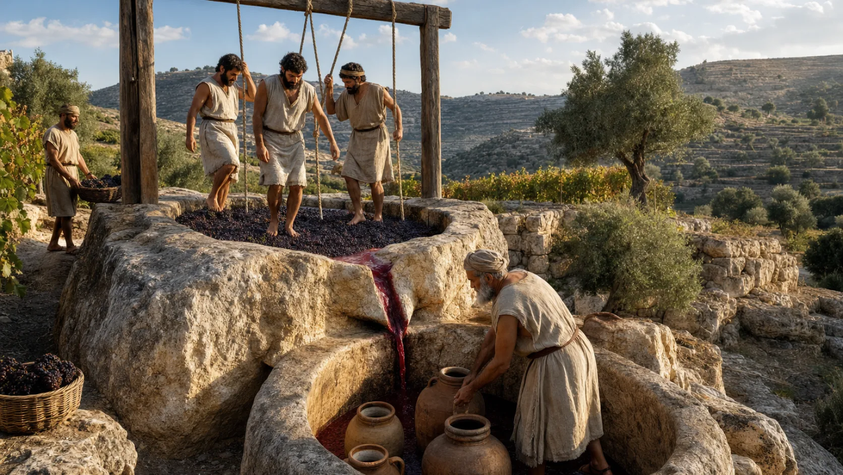 Winepress in a detailed biblical historical scene