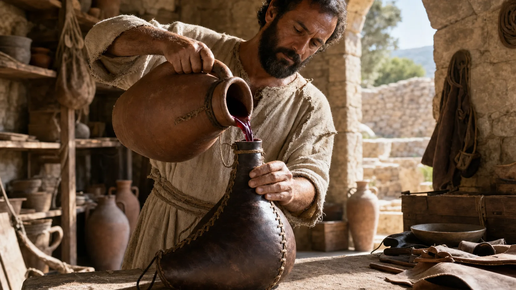 Wineskin in a detailed biblical historical scene